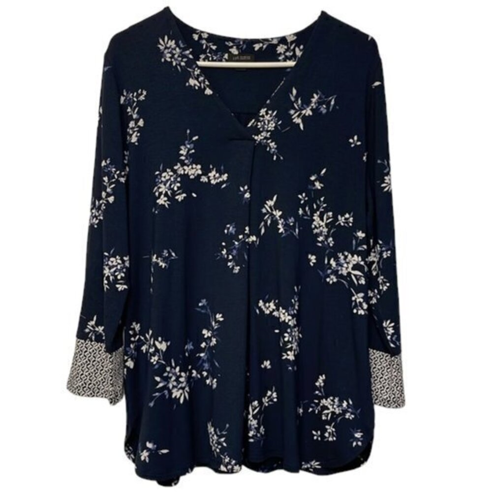 Womens J. Jill Wearever V-Neck Navy Blue Border Print Tunic Size Large EUC #7201